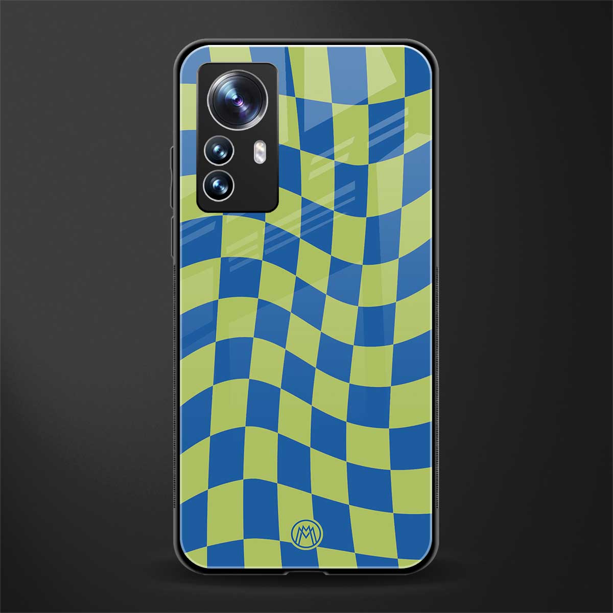 green blue trippy check pattern back phone cover | glass case for xiaomi 12 pro