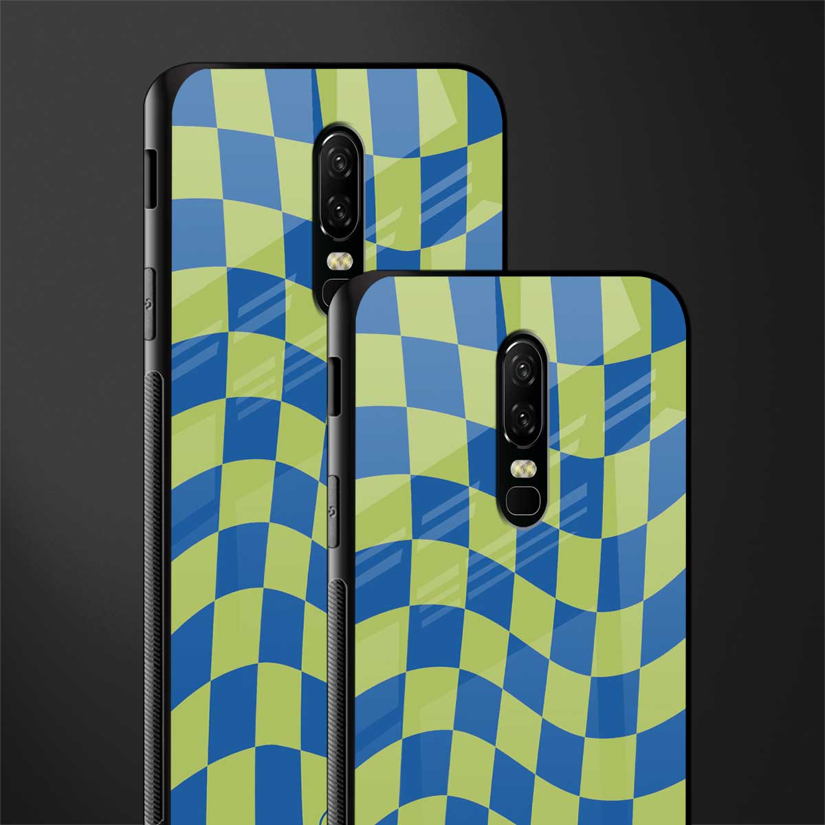 green blue trippy check pattern glass case for oneplus 6 image-2
