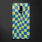 green blue trippy check pattern glass case for oneplus 6 image