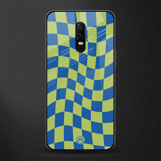green blue trippy check pattern glass case for oneplus 6 image
