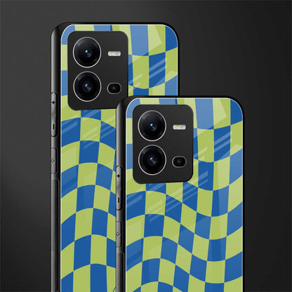 green blue trippy check pattern back phone cover | glass case for vivo v25-5g