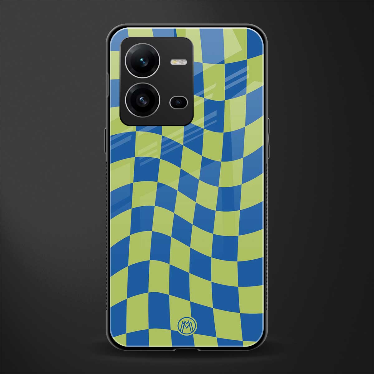 green blue trippy check pattern back phone cover | glass case for vivo v25-5g