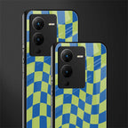 green blue trippy check pattern back phone cover | glass case for vivo v25 pro 5g