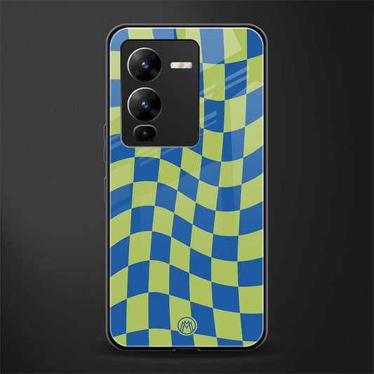 green blue trippy check pattern back phone cover | glass case for vivo v25 pro 5g
