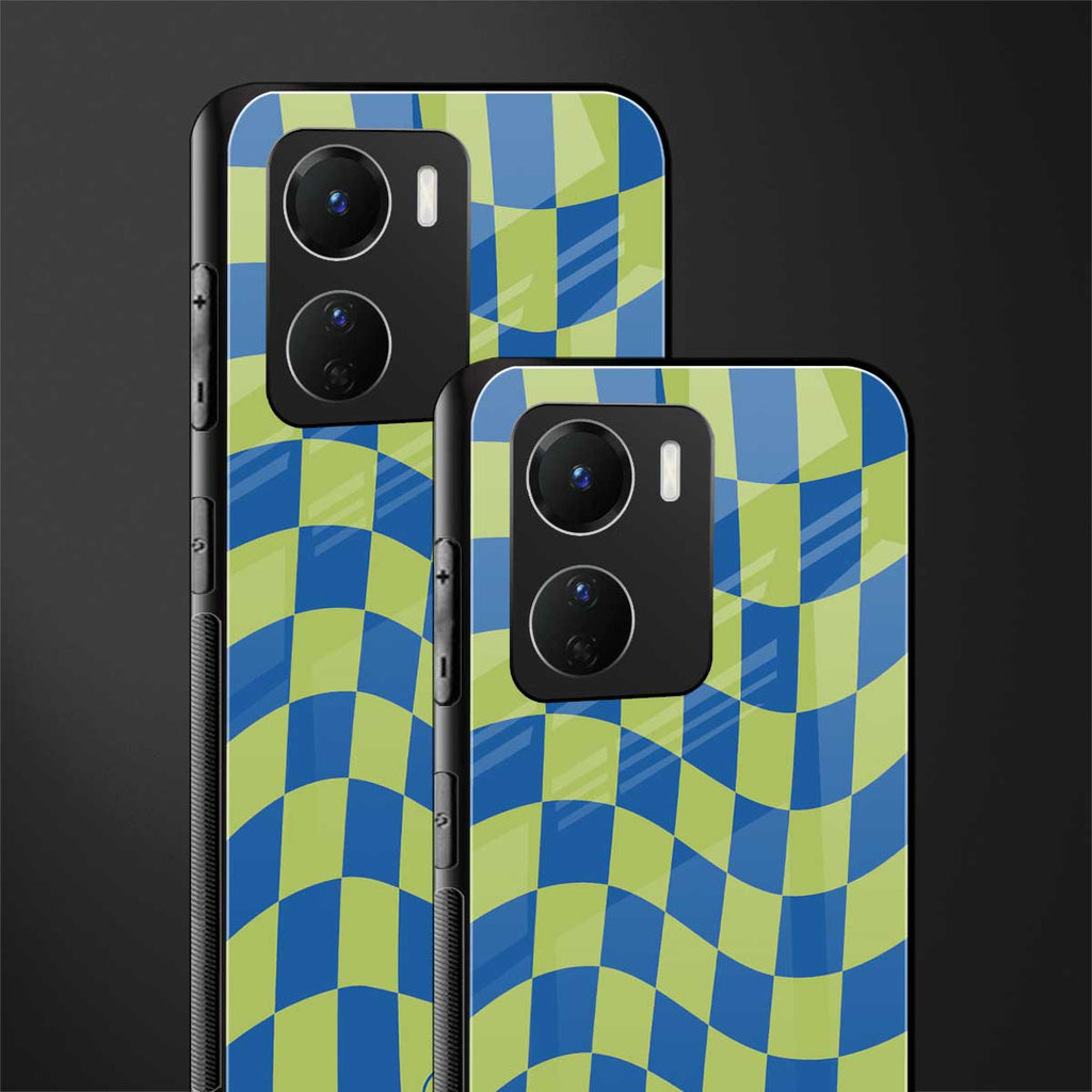 green blue trippy check pattern back phone cover | glass case for vivo y16