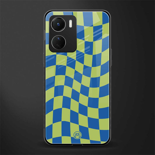 green blue trippy check pattern back phone cover | glass case for vivo y16