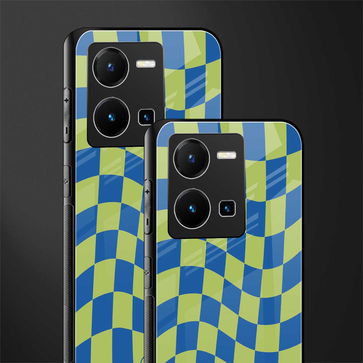 green blue trippy check pattern back phone cover | glass case for vivo y35 4g