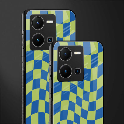 green blue trippy check pattern back phone cover | glass case for vivo y35 4g