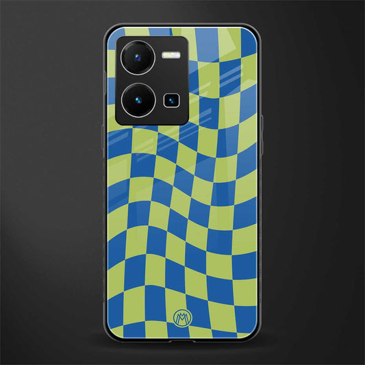 green blue trippy check pattern back phone cover | glass case for vivo y35 4g