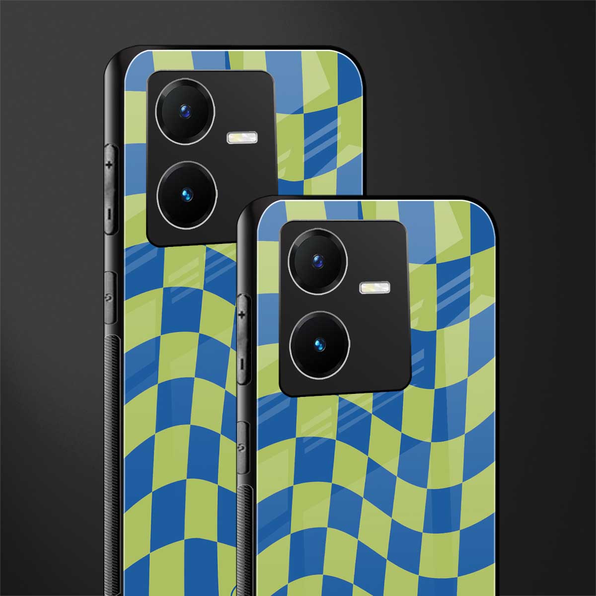 green blue trippy check pattern back phone cover | glass case for vivo y22