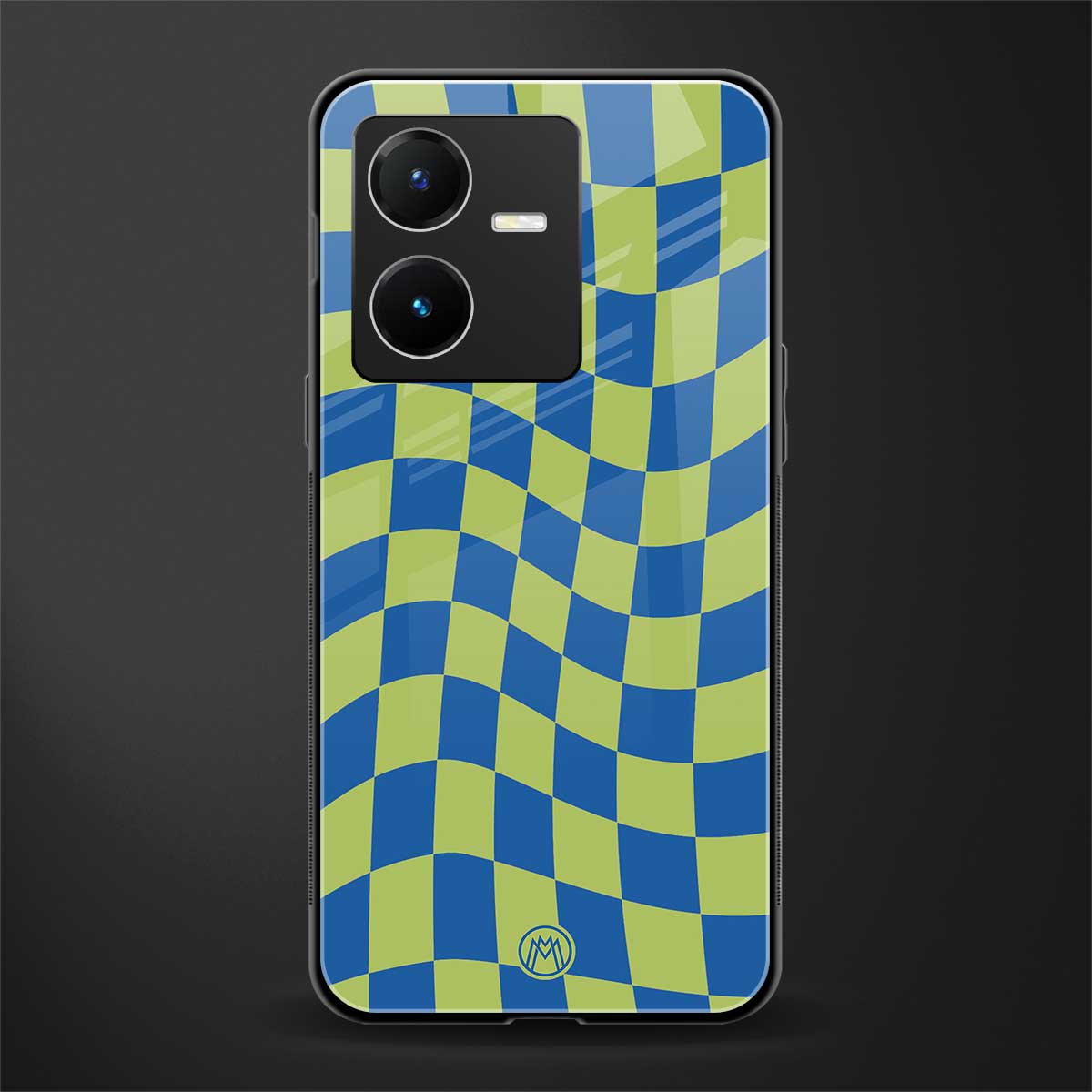 green blue trippy check pattern back phone cover | glass case for vivo y22