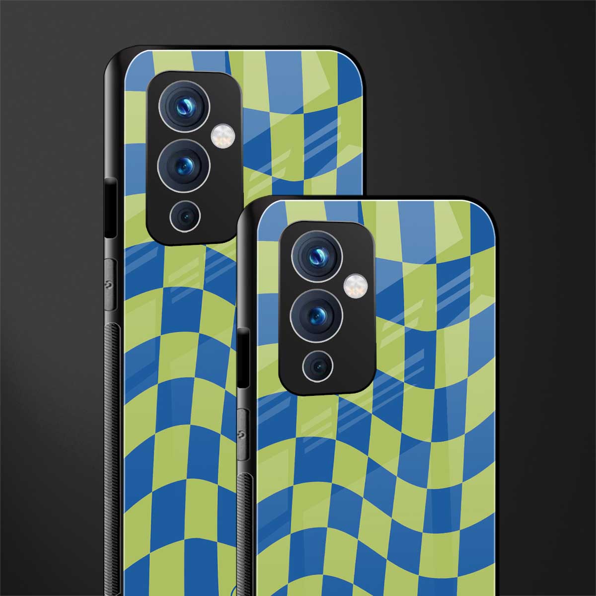 green blue trippy check pattern back phone cover | glass case for oneplus 9