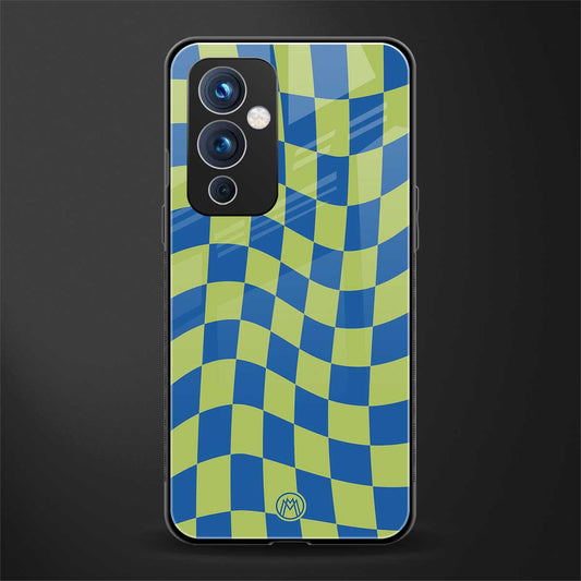 green blue trippy check pattern back phone cover | glass case for oneplus 9