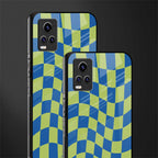 green blue trippy check pattern back phone cover | glass case for vivo v21e 4g