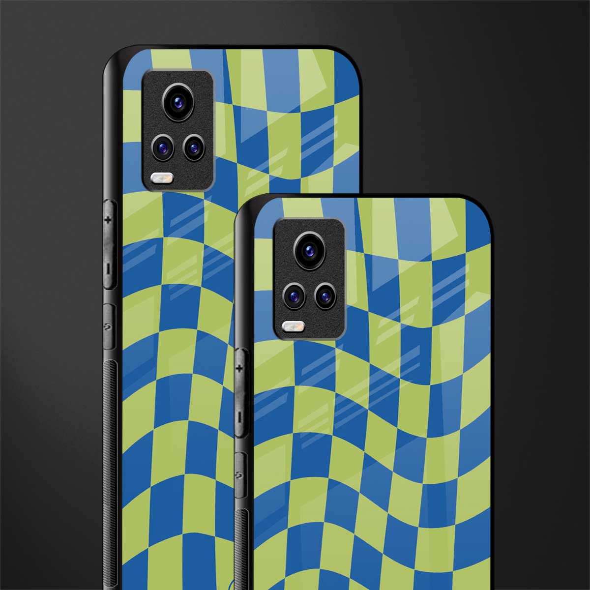 green blue trippy check pattern back phone cover | glass case for vivo v21e 4g