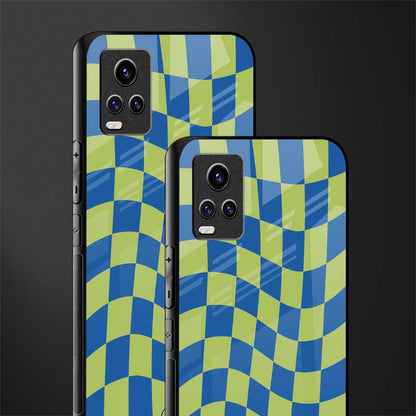 green blue trippy check pattern back phone cover | glass case for vivo v21e 4g