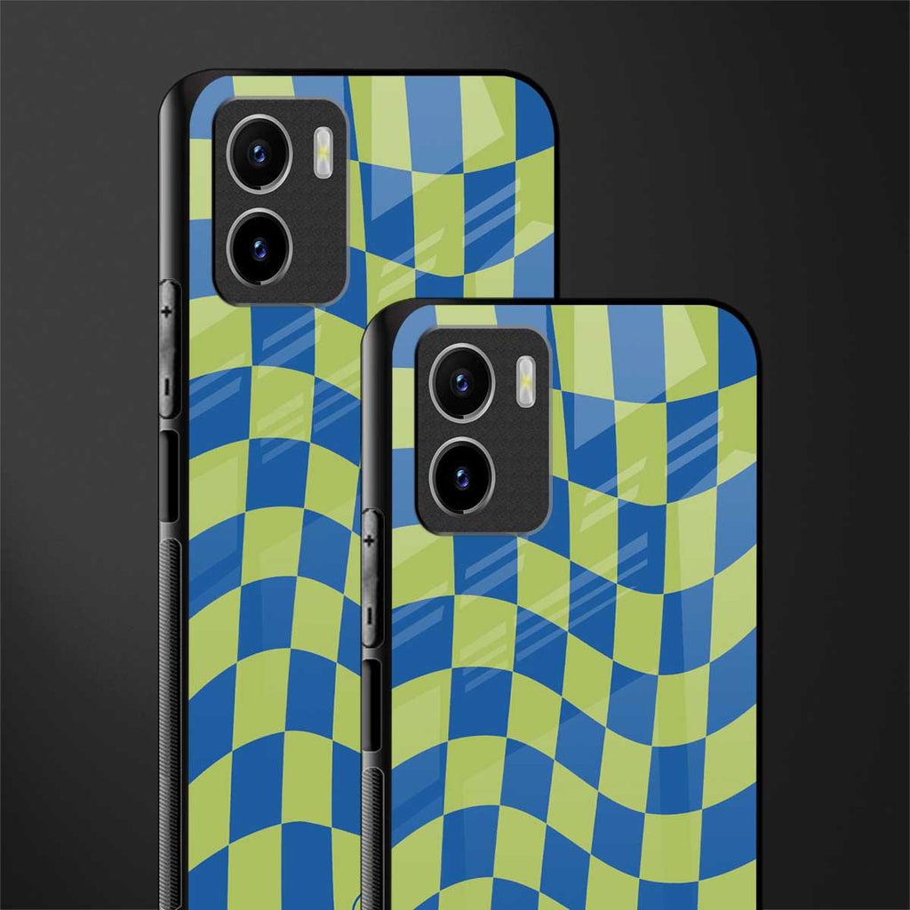 green blue trippy check pattern back phone cover | glass case for vivo y72