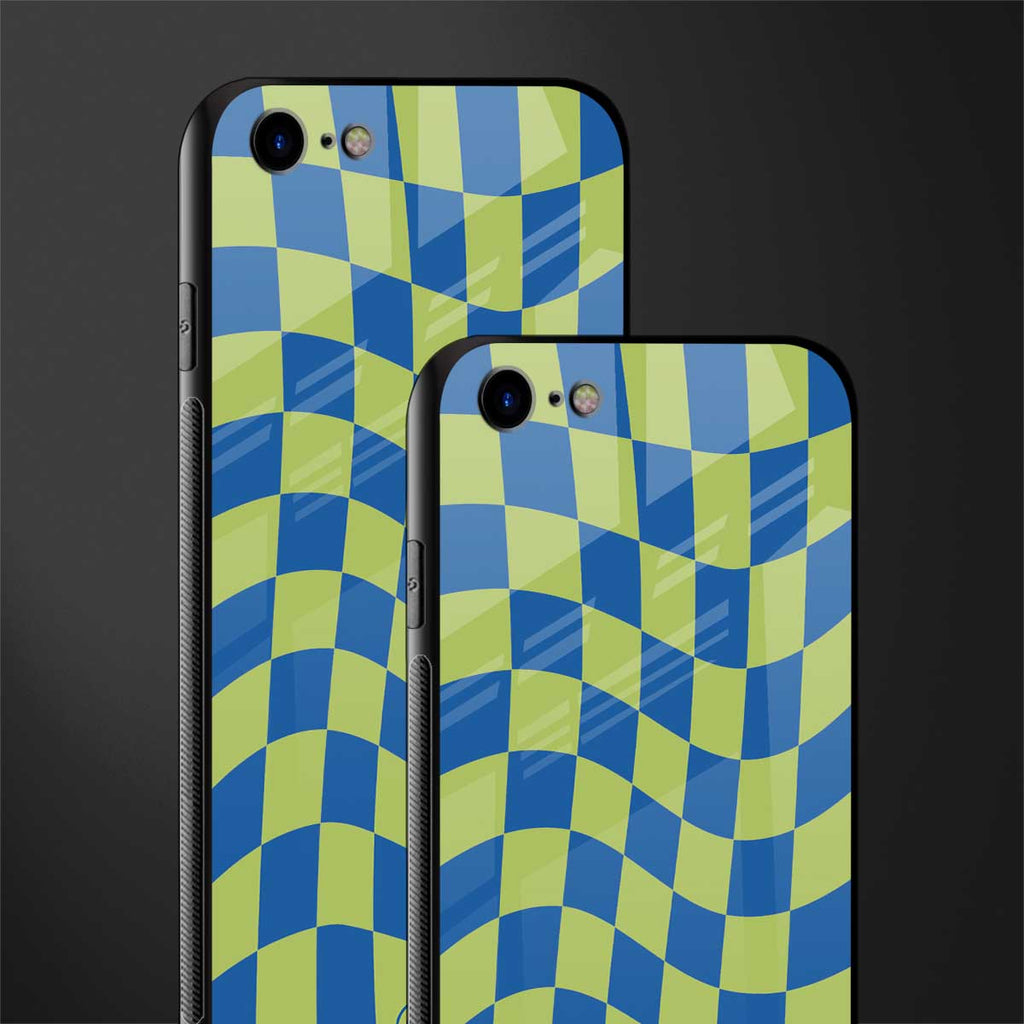 green blue trippy check pattern glass case for iphone se 2020 image-2