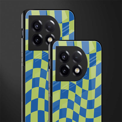 green blue trippy check pattern back phone cover | glass case for oneplus 11
