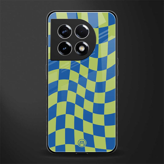 green blue trippy check pattern back phone cover | glass case for oneplus 11
