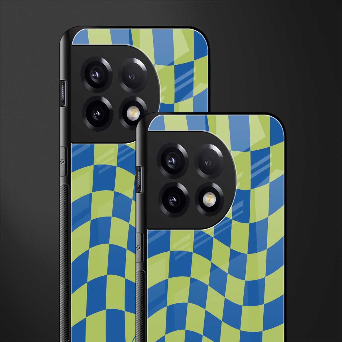 green blue trippy check pattern back phone cover | glass case for oneplus 11r