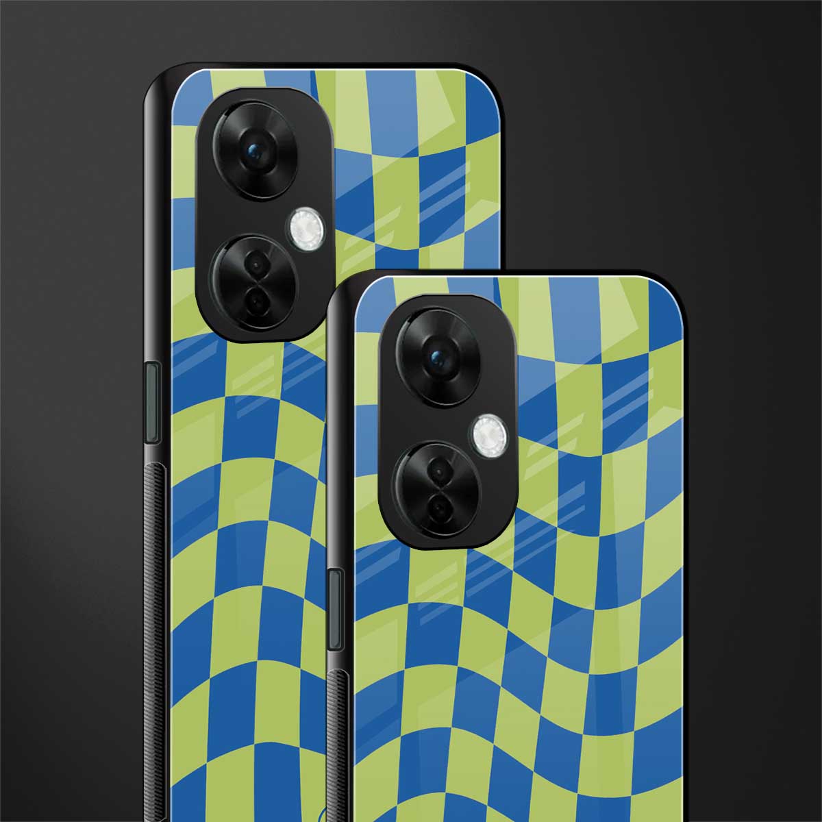 green blue trippy check pattern back phone cover | glass case for oneplus nord ce 3 lite