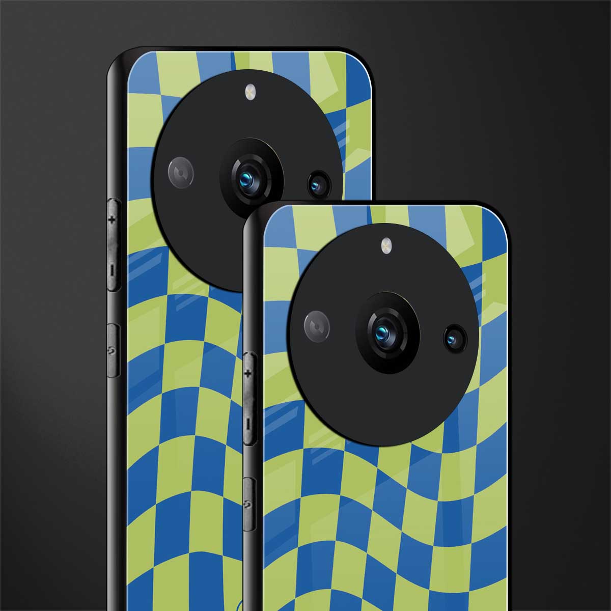 green blue trippy check pattern back phone cover | glass case for realme 11 pro 5g