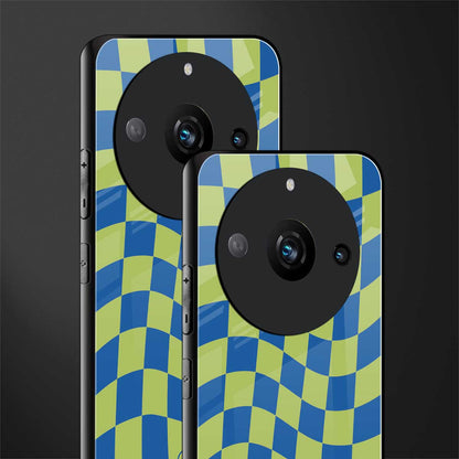 green blue trippy check pattern back phone cover | glass case for realme 11 pro 5g