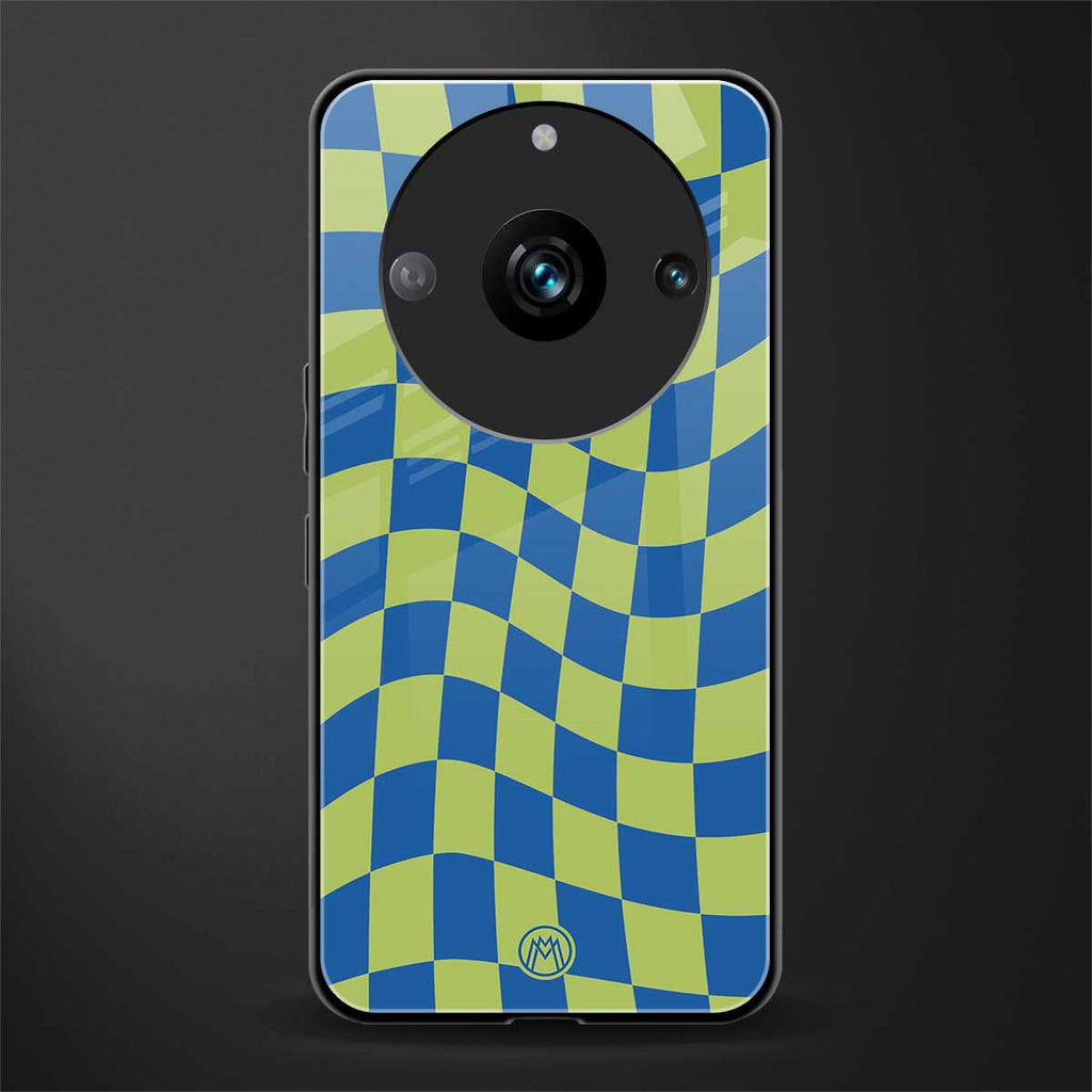 green blue trippy check pattern back phone cover | glass case for realme 11 pro 5g