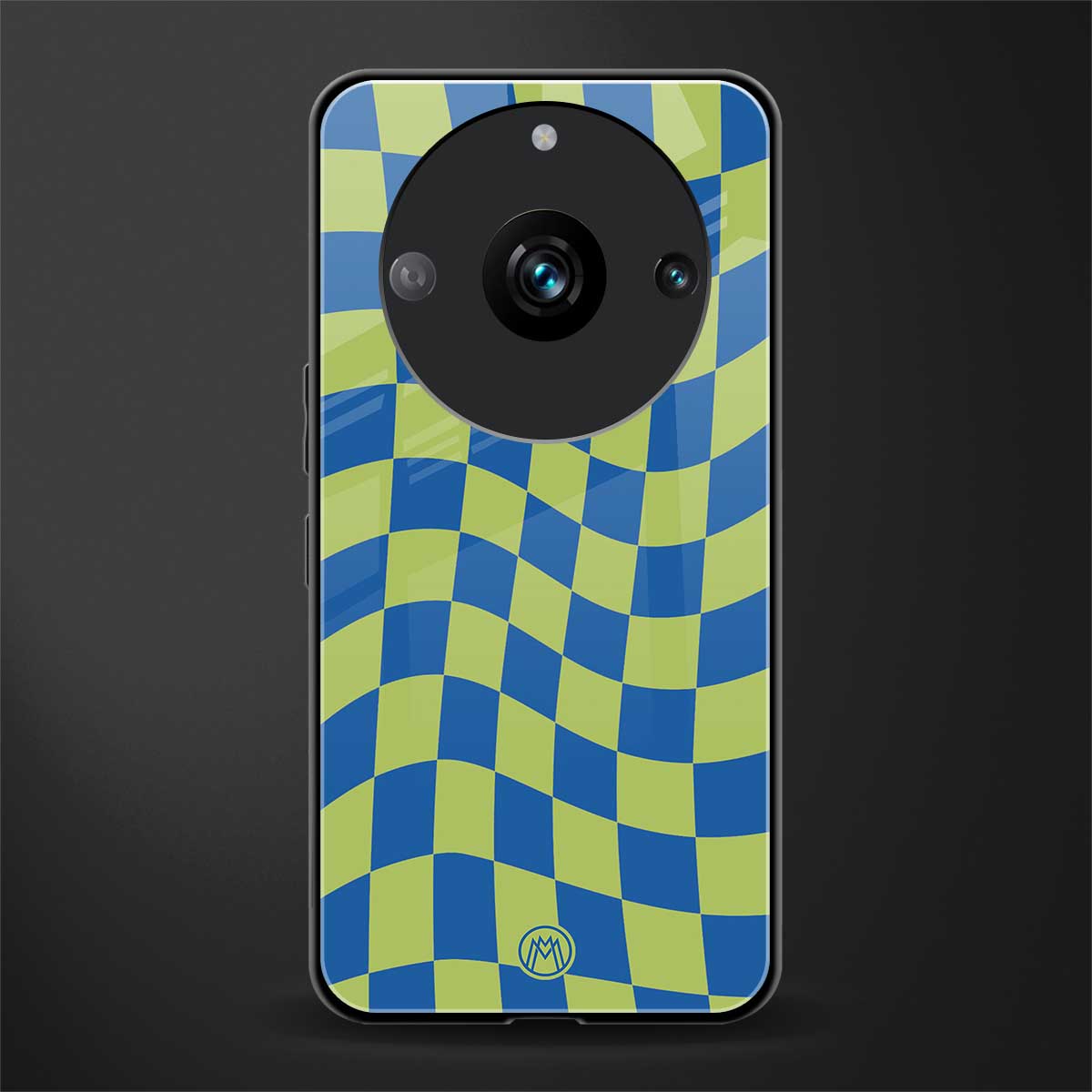 green blue trippy check pattern back phone cover | glass case for realme 11 pro 5g
