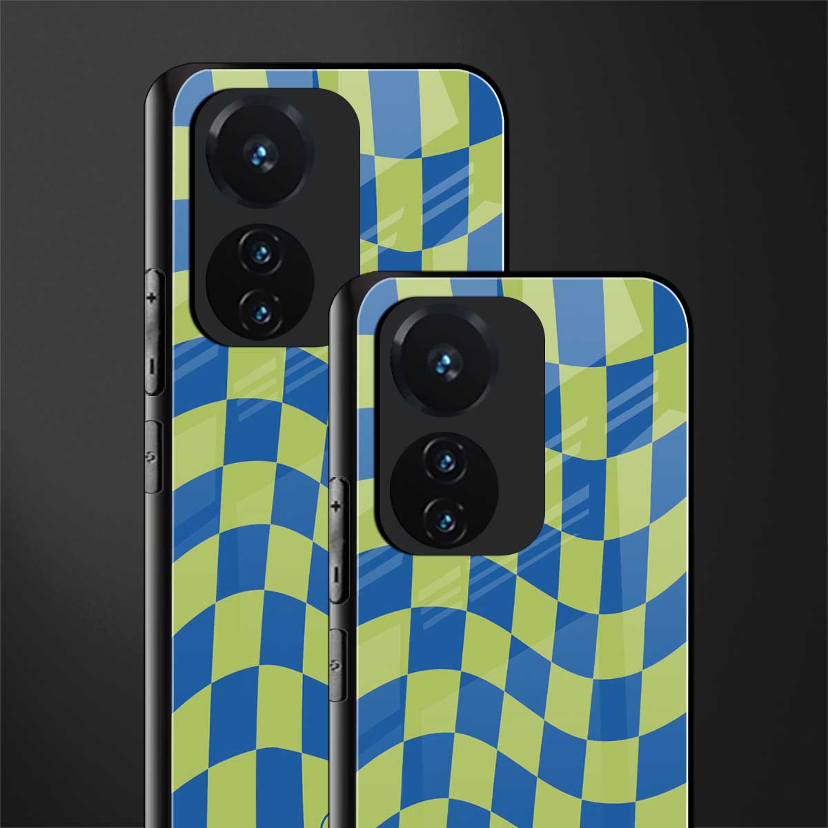 green blue trippy check pattern back phone cover | glass case for vivo t1 44w 4g