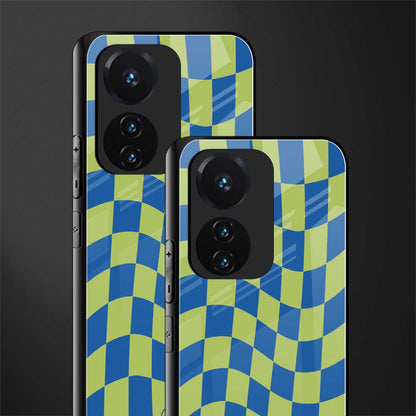 green blue trippy check pattern back phone cover | glass case for vivo t1 44w 4g