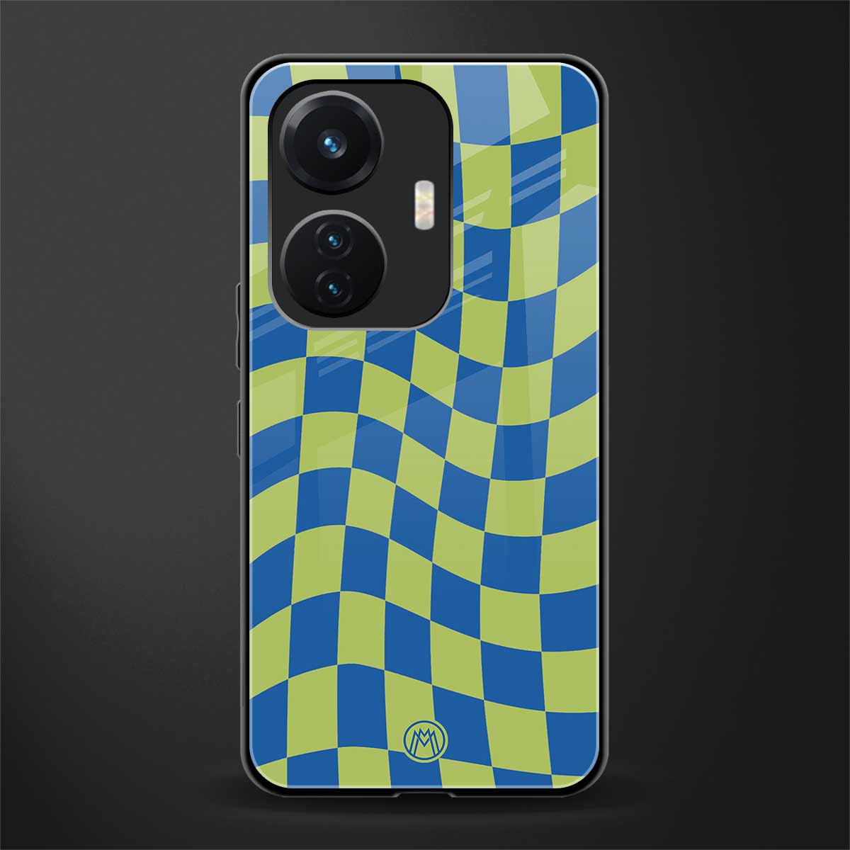 green blue trippy check pattern back phone cover | glass case for vivo t1 44w 4g