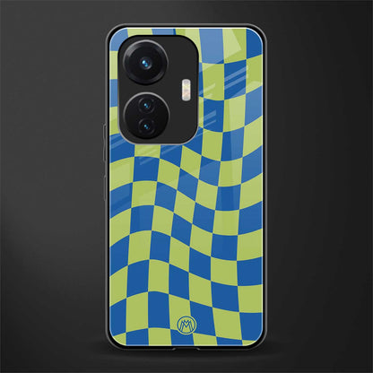 green blue trippy check pattern back phone cover | glass case for vivo t1 44w 4g