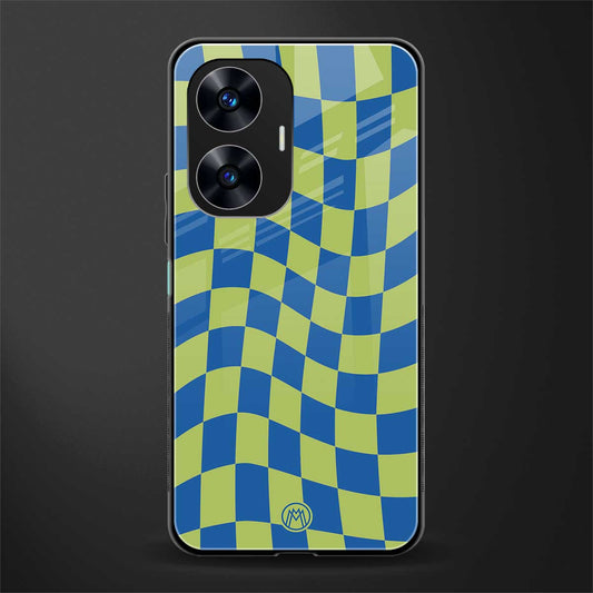 green blue trippy check pattern back phone cover | glass case for realme c55