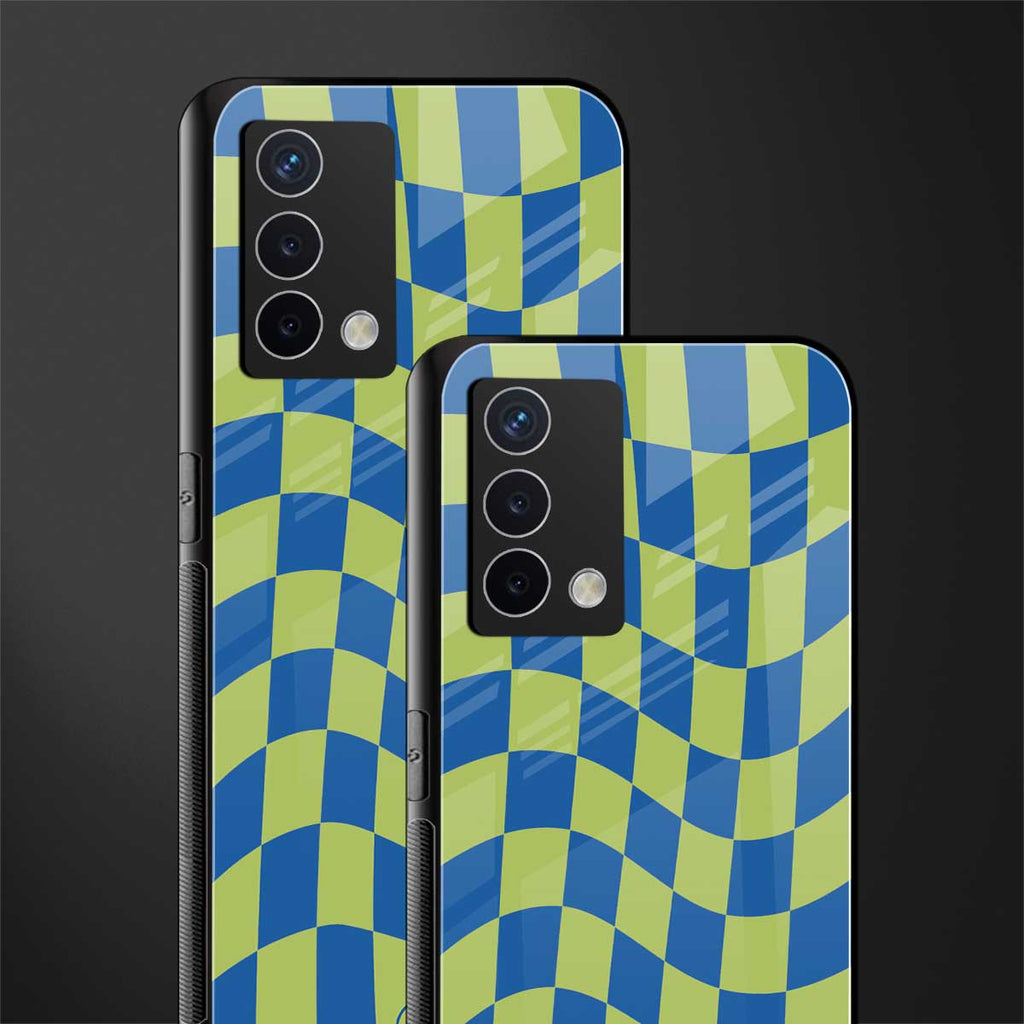 green blue trippy check pattern back phone cover | glass case for oppo a74 4g