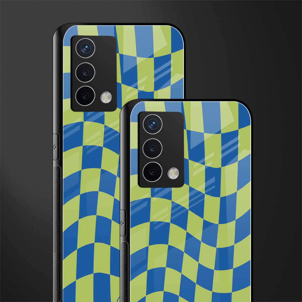 green blue trippy check pattern back phone cover | glass case for oppo a74 4g