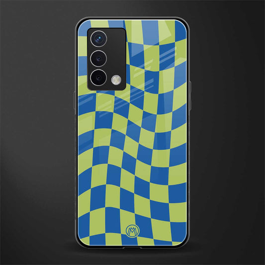 green blue trippy check pattern back phone cover | glass case for oppo a74 4g