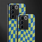 green blue trippy check pattern back phone cover | glass case for vivo v27 pro 5g