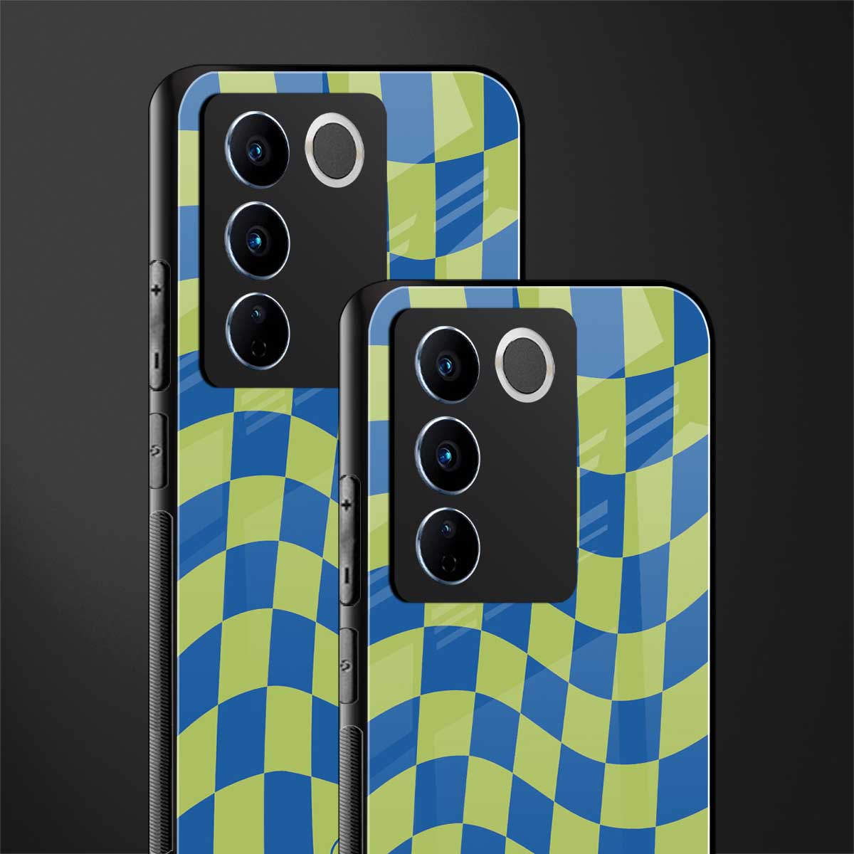 green blue trippy check pattern back phone cover | glass case for vivo v27 pro 5g