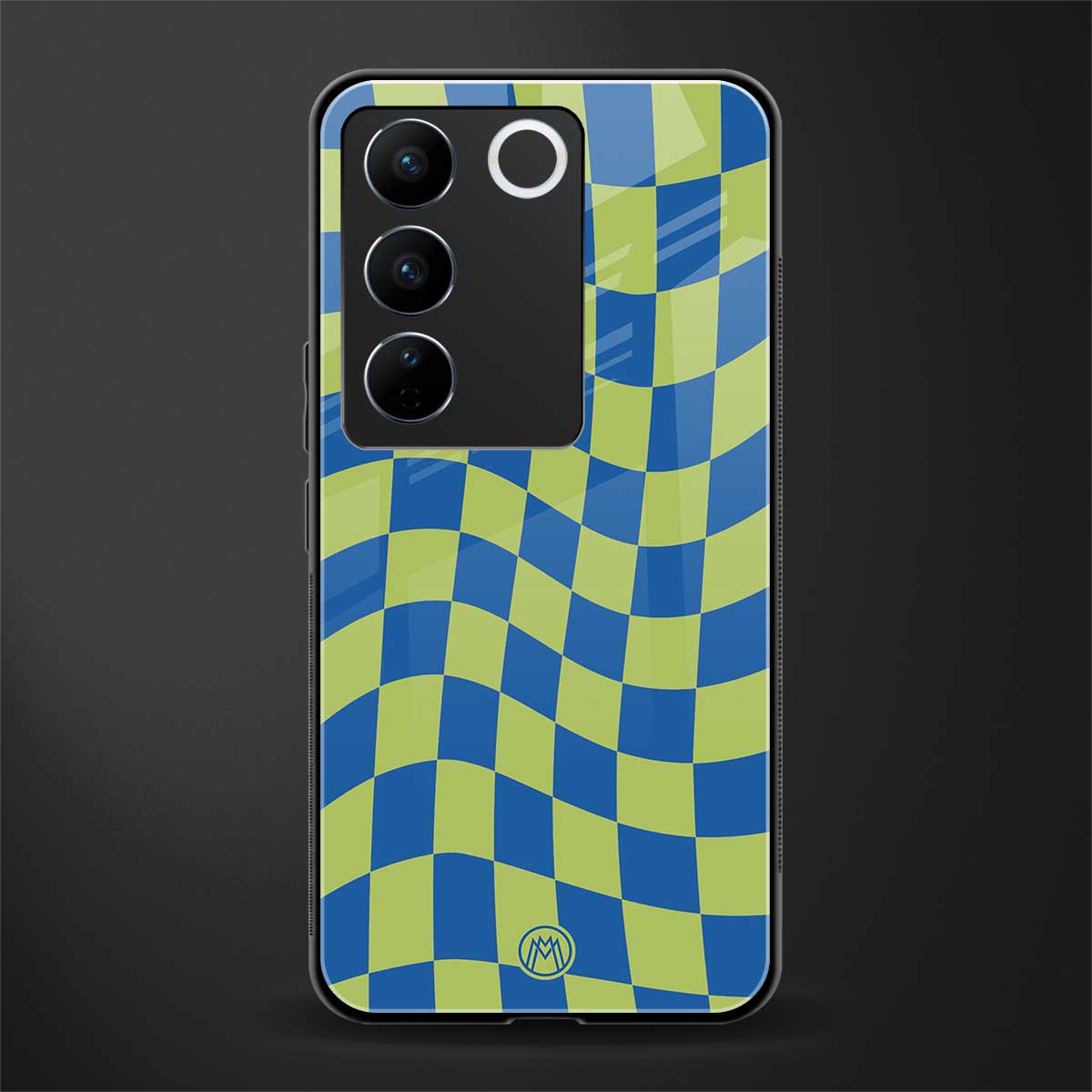 green blue trippy check pattern back phone cover | glass case for vivo v27 pro 5g