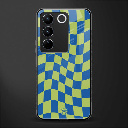 green blue trippy check pattern back phone cover | glass case for vivo v27 pro 5g