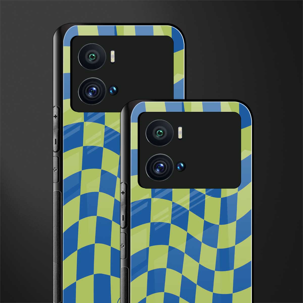 green blue trippy check pattern back phone cover | glass case for iQOO 9 Pro