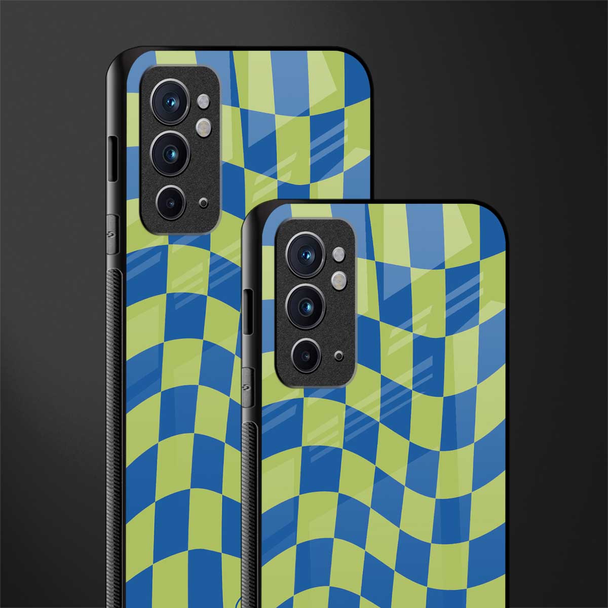 green blue trippy check pattern glass case for oneplus 9rt image-2