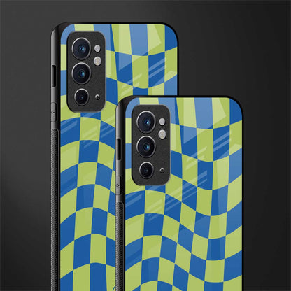 green blue trippy check pattern glass case for oneplus 9rt image-2