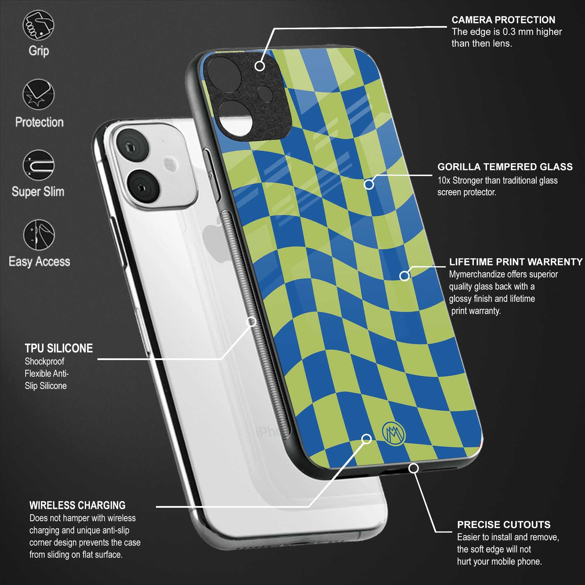 green blue trippy check pattern back phone cover | glass case for vivo t1 44w 4g