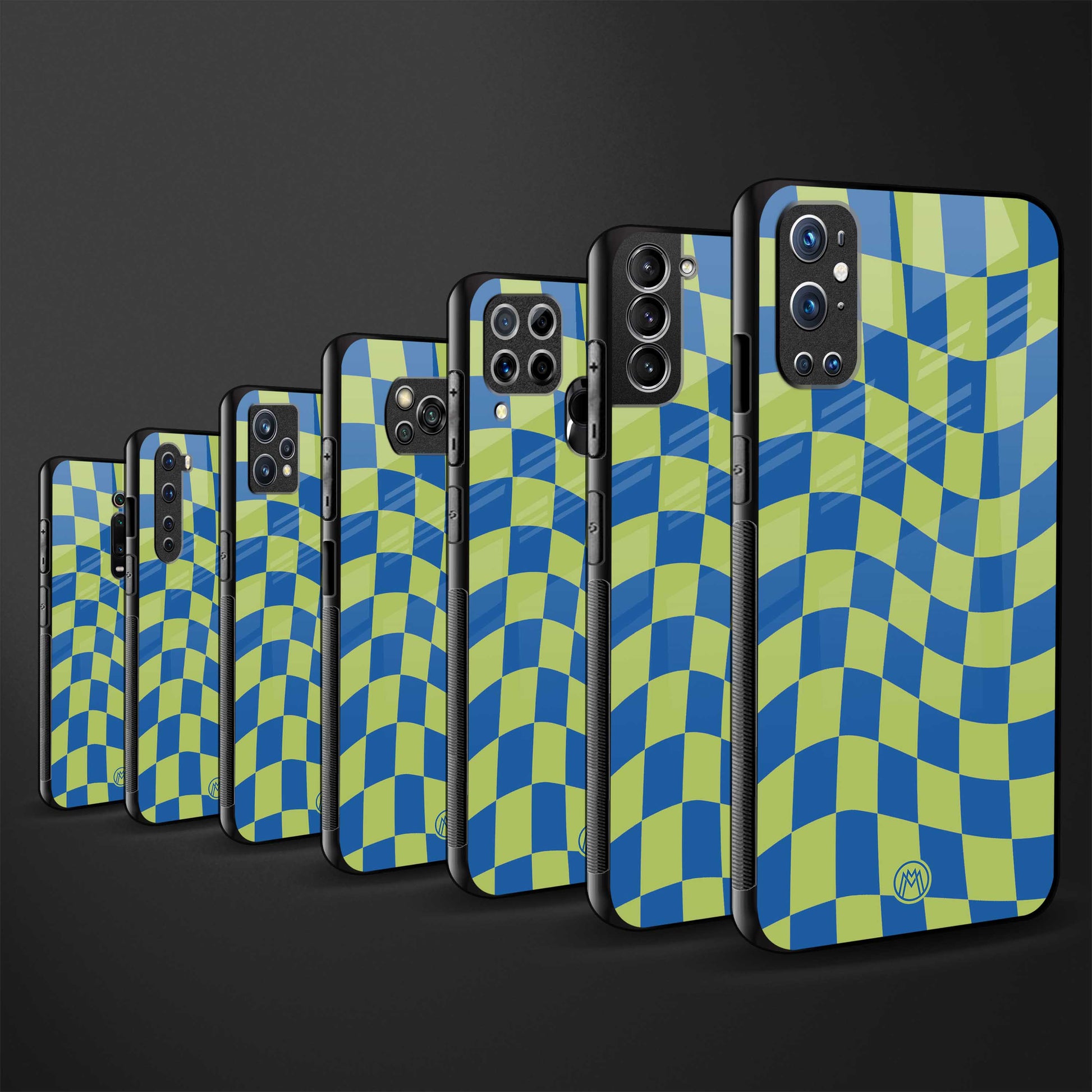 green blue trippy check pattern back phone cover | glass case for vivo t1 44w 4g