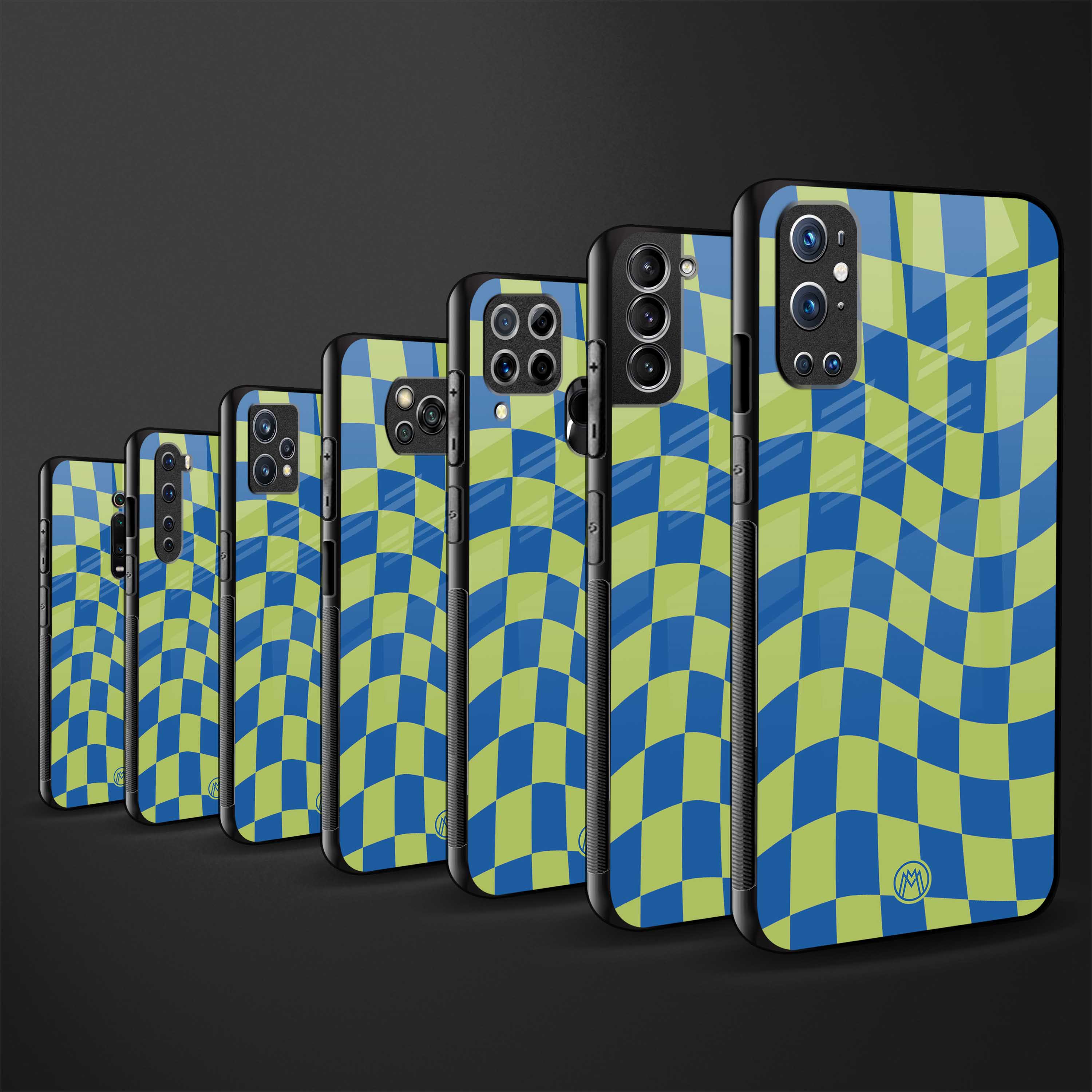 green blue trippy check pattern glass case for mi 11 lite image-3
