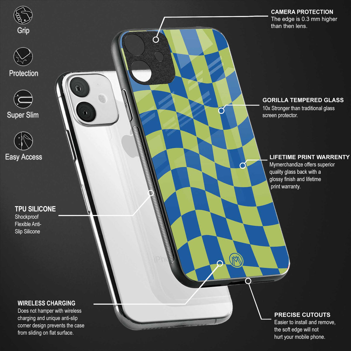 green blue trippy check pattern glass case for oppo reno7 5g image-4