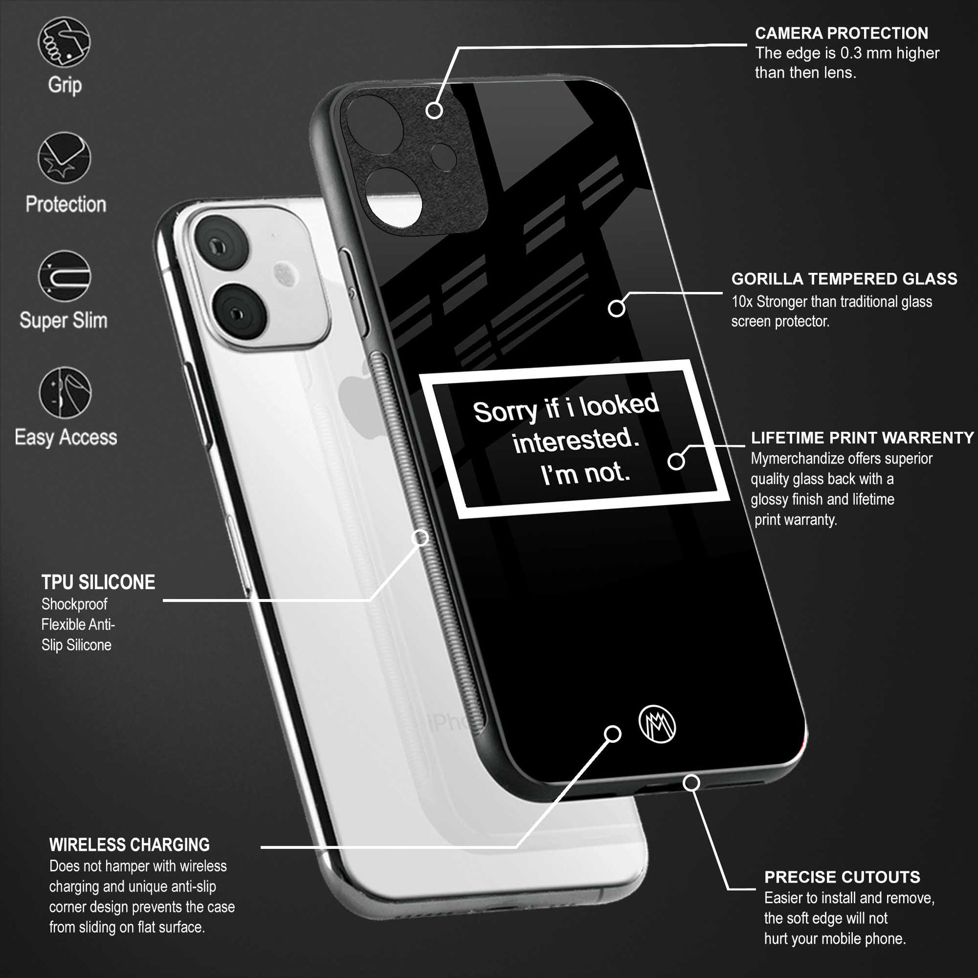 i'm not interested black back phone cover | glass case for vivo v25-5g